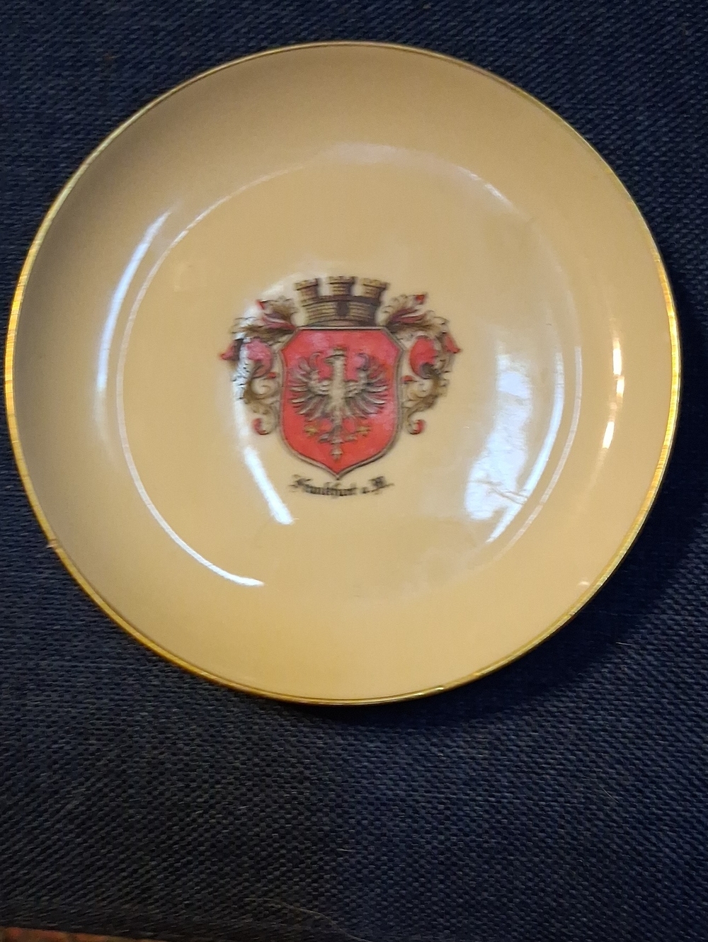 Rosenthal Cream Trinket Plate with Red Heraldic Frankfort Crest and Gold Rim